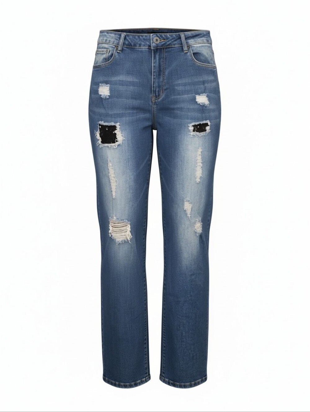 Lucky & Blessed Distressed Sequin Stretch Boyfriend Jeans in Medium Blue Plus 22